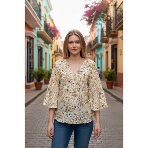 Flint&Moss Womens M Floral Boho Kimono Sleeve Top V Neck Pink Tunic Blouse Chic